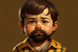 A strong-built child whose size is not appropriate for his age, his eyes are wideThick body hair Its mouth is wide and its teeth are large His eyes are brown Wearing pajamas Fierce looking Thick facial and body hair With masculine features Tall and muscular