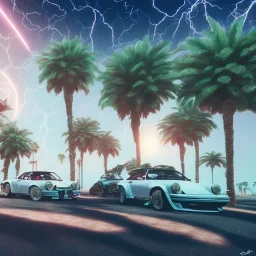 1980's aesthetic vaporwave palm trees and spheres and Porsche with lightning