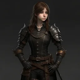 pretty girl, age 25, brown hair, black, european, armour, full-body