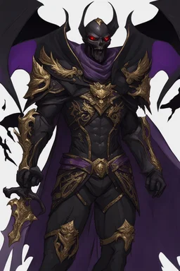 Fry grim reaper knight hero with black wings and cool black plate armor trimmed in gold and purple with a flowing black cape but with a handsome human vampire face