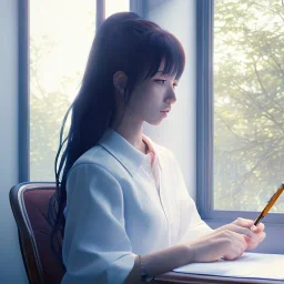 Beautiful girl studying in room, window, nature, anime style, unreal engine 5, studio lighting