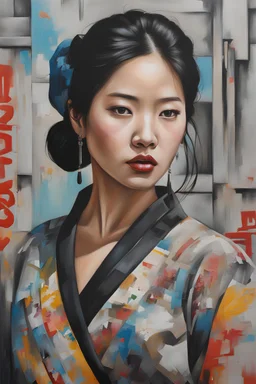 ultra detailed urban modern portrait painting of a Korean woman in a modern korean dress with urban graffiti background