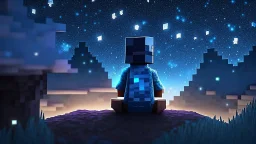 Minecraft Character, minecraft theme, purple starry sky, meditating, aesthetic, facing back