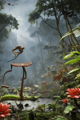 large venus fly trap with teeth eating a dragonfly, flowers, jungle, hyperrealistic, trees in background, digital art, alien like, disgusting, intricate, morbid, rainy, sinister, volumetric lighting, unreal engine, high resolution, 8k, depressing colors, dark colors, horror, horrific,