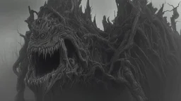 The described image presents an extremely horrifying scene with grayscale colors dominating the picture, creating a dark and eerie atmosphere. In this context, there is a massive, monstrous creature positioned prominently in the foreground of the image. This monster appears to be mythical and intensely frightening, characterized by its terrifying features and its colossal, imposing body that exudes immense power. When one looks at this monster, its face and eyes exhibit horrifying details, seem