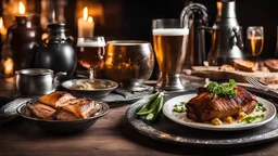 142857, delightful, sensitive, delicious food, banquet, pewter tankards and pewter plates, pewter mugs, pewter cups, beer, ale, confident, night, darkness, architecture, filled with delicious food, splendid roasted meat, award-winning photograph, beautiful composition, chiascuro