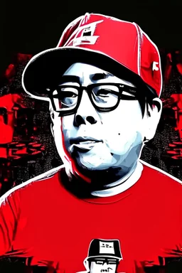 Ilustración vectorial de Gustavo Petro con gorra deportiva camisa colores negro, blanco y rojo, fondo negro