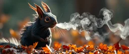 portrait of a squirrel black dragon in autumn, breathing smoke