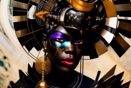 a close up of an arafed black woman with a rusty scrap metal headgear, engulfed in fragments of a spiral marble staircase, art deco vibe, stylized photo, japanese popsurrealism, afrofuturism, amazing reflections, geisha mask influence, eyeslit visor fear, tang dynasty influence, war paint face, elaborate haunted face, neotokyo source, warm saturated colors, futuristic cloning facility, sudden juxtapositions, arafed inlars supportive