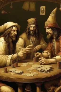 Jesus and some pirates friends smoking and playing cards, davinci.