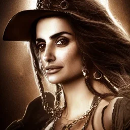 best quality, realistic lighting, masterpiece portrait of Penelope Cruz from pirates of the Caribbean, details, light dusting of freckles, cowboy shot from above, simple chain hauberk, warhammerVector art matte painting digital illustration 3D shading CryEngine Behance HD 3Delight