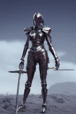 Futuristic metal armored girl, holding long heavy sword on shoulder,