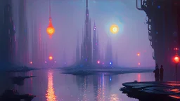 Space fururistic city, lake, Sci-fi, concept art, Konstantin korovin painting