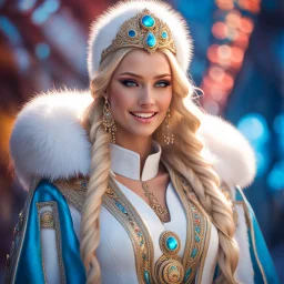 (masterpiece, best quality, 8k, RAW photo, beautiful and aesthetic:1.2), complex detail, Indirect light, photorealistic, (((full body))), 2 Gorgeous Cosmic russian goddess smiling, long curved blonde hair, Mixed, sci-fi and traditional russian outfit with white furs and chapka, colorfull Sci-Fi environment