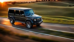 A sleek (((Dodge Ram G Wagon))) with a majesticly curved rear, cutting through a (sunny, open countryside) backdrop