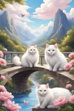 in the center: beautiful chunky fluffy white cats sitting on a bridge, under the brigde flows a small blue river; background: landscape with mountains and white clouds, butterflys flying in the sky; first plan: pink flowers;