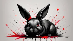 a brutal predator bunny feasting on Easter eggs and smirking menacingly, front view, wild crude minimalist charcoal drawing, shard splatter, kinetic dynamism, dramatic angle, colors of black, grey and a little deep dark red