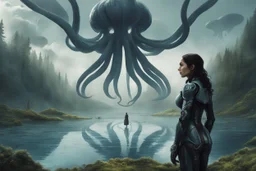 A woman with dark hair, in an android suit, looking out over a lake, in an alien forest, with tall cloud trees, flying Portuguese men of war with octopus tentacles