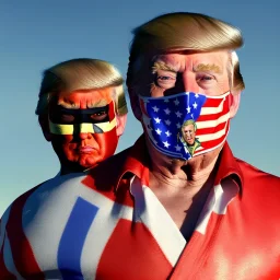 realistic image of donald trump as a mexican wrestling fighter posing outdoors, Mexican eyes wrestling mask, red and blue breeches, confederate flag cape, naked torso, retro style, 80s, vibrant color, highly detailed, sky background, concept art, unreal engine 5, god rays, ray tracing, RTX, lumen lighting, ultra detail, volumetric lighting, 3d, finely drawn, high definition, high resolution.