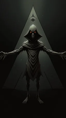 A demonic figure with a triangular body with long arms and creepy small eyes that is floating in a dark room