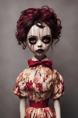 full color, illustration of a darkred and gold tones, menacing, Singer Melanie Martinez face, as a decayed, broken, crude homemade cloth doll toy, with a narrow cracked porcelain face, thick dark eyebrows, hair in two gradually, made from ragged strips of cloth, in the style of Alex Pardee, Tim Burton, and Nadya Sheremet