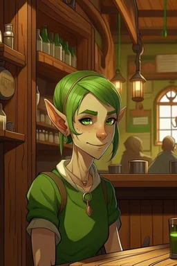 strong tomboy teenage girl who works at a tavern with pointy ears and green skin