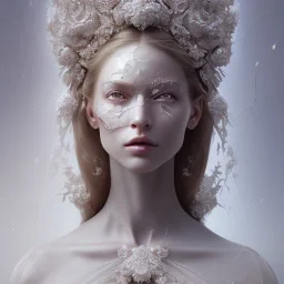 broken, cracked-open porcelain as woman's face, fine detail, highly intricate, wearing bridal veil, modern surrealism painting, high-quality, volumetric lighting, 8k, ultrahd, George Grie, Marco Escobedo, Igor Morski