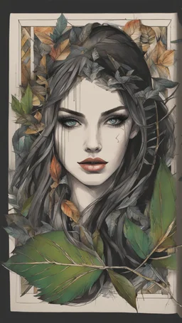 bits of color, furistic Sketch book, hand drawn, dark, gritty, realistic sketch, Rough sketch, mix of bold dark lines and loose lines, bold lines, on paper, Katarina , leaves, animals, runes, dark theme,