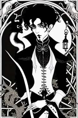 goth male necromancer with black hair and rats in the style of Aubrey Beardsley