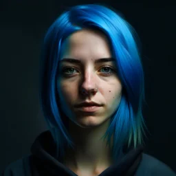 A portrait of a woman in 2023 with blue hair