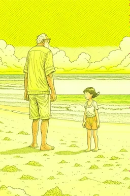 old man walking on beach with little child telling him about the wonders of life style of hiroku ogai