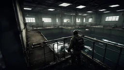 Escape from tarkov A man standing by a water treatment plant holding a gun