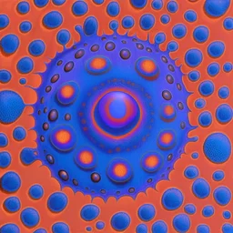 Hallucinatory, anthropomorphic, quariaring, slight texture, psychedelic, magenta and violet slight pastel colour:: an increasingly darker blue background from the outside to the centre, with an orange spot in between