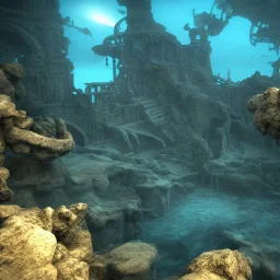 lost underwater city, Poseidon, highly detailed, cinematic, ultra photorealistic, ultra realistic, volumetric lighting, sun shafts, spectral, 4k, 8k, fish swimming around, murky, coral reef, shipwreck, unreal engine