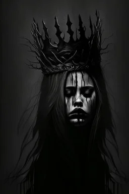 queen of darknees, crown at the head, hair hiding face