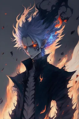 Anime with wight hair and black clothes and power fire