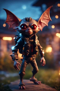 glowing vampire bat gremlin scout pimp hippie in the evening, hovering with glowing jets from rocket backpack in the backyard, in the style of a fallout 4,bokeh like f/0.8, tilt-shift lens 8k, high detail, smooth render, down-light, unreal engine, prize winning