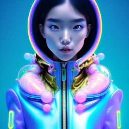 asian woman teenager, few freckles, gold teeth, padded coat, soap bubbles floating, retro futuristic, latex dress, gradient color, BLUE, PINK, CYAN, neon, insanely detailed, 16k resolution, perfect eyes, cinematic smooth, intricate detail