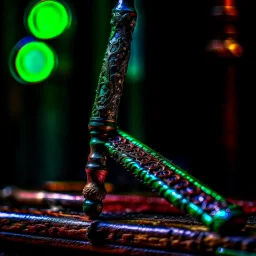 Closeup of an old, dark, wooden magical wand used for black magic. Poison-Green details. Evil. Dark. Black magic. No detailed background.Magical. Epic. Dramatic, highly detailed, realistic, hyper realistic, photo, masterpiece