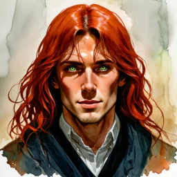 dnd, fantasy, watercolour, stylistic, portrait, illustration, dull colours, male, face, narrow long face, weathered face, green eyes, determined, happy, red hair, very long hair streaming down the shoulders, radiating light, five o'clock shadow