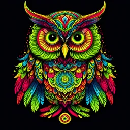 Brightly colored owl with ornate wings and a glowing eye