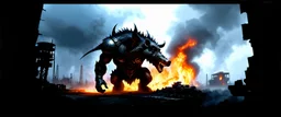 Massive boar-humanoid warlord devouring glowing alien machinery, burning cities in the distance, rusted sky, savage power, industrial jungle ruins, heavy fog, sci-fi fantasy poster, airbrushed brutalism