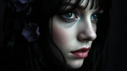 collage from female face, gloomy, around 28 years old, dark hair, non-model face, close-up female portrait made leather, lace, petals, paper, tendrils, velvet, furry, stone, web, abstract face, surreal vibe, oblique plane, goth style, pale face, dark eyes, reflection in her eye, cold gaze, suggestive image, dark mode, dark colors, black, dark purple, dark gray, silver, dark blue, blurred dark background, crepy stunning, artistic, dark night, creepy vibe, goth mood, black raven, dark colors,