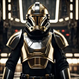 star wars bald male corellian pilot wearing pearlescent black and gunmetal grey First Order special forces heavy assault armor and helmet with gold trim inside the jedi temple, centered portrait, hyperdetailed, dynamic lighting, hyperdetailed background, 8k resolution, volumetric lighting, light skin, fully symmetric details