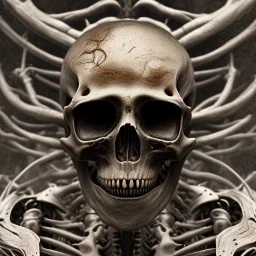 skeleton with blood on his face in hr giger style, steam punk, realistic, made in octane, cinematic, ultra-realistic, extremely detailed octane rendering, 8K, VRAY Super Real ar 2:3, dof photorealistic futuristic 50mm lens hard lighting dark gray tintype photograph, realistic lighting, sepia color