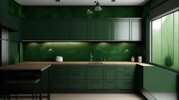 kitchen with dark green furniture, forest wallpaper on a white wall, very realistic