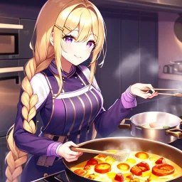 girl, masterpiece, best quality, volumetric lighting, detailed outfit, perfect eyes, golden hair, long hair, purple eyes, braided ponytail, smile, cooking, food, hairclip,