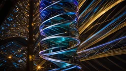 94614, delightful, sensitive, confident, iridescent double helix tower, delicate, nocturnal, architecture, award-winning photograph, beautiful composition, filled with beautiful detail, delicate colour, chiaroscuro