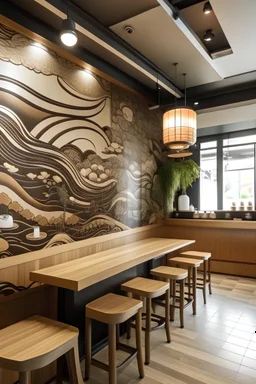 diseño de un mural en una cafeteria de corea del sur con estilo moderno