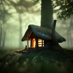 Misty woods, mushroom house, dark morning light